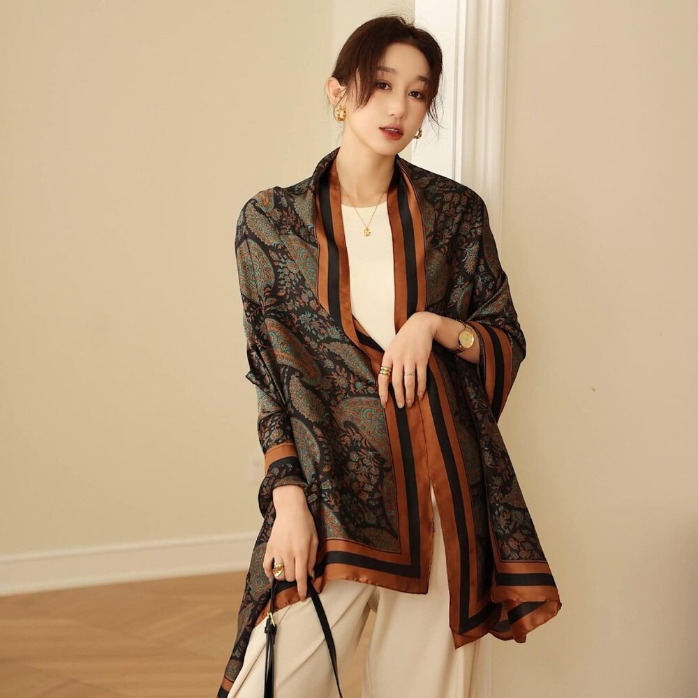 Women Brown -Fashion Flowers Print Scarves Winter Head Shawl Cotton Wrap - Picture 4 of 5